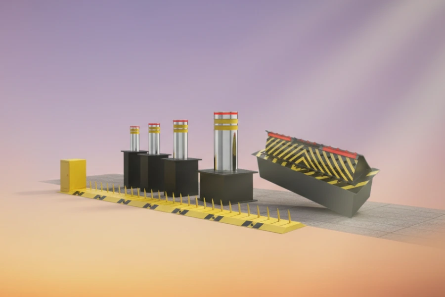 Road blockers and rising bollards used for high-security vehicle access control at facility entrance 