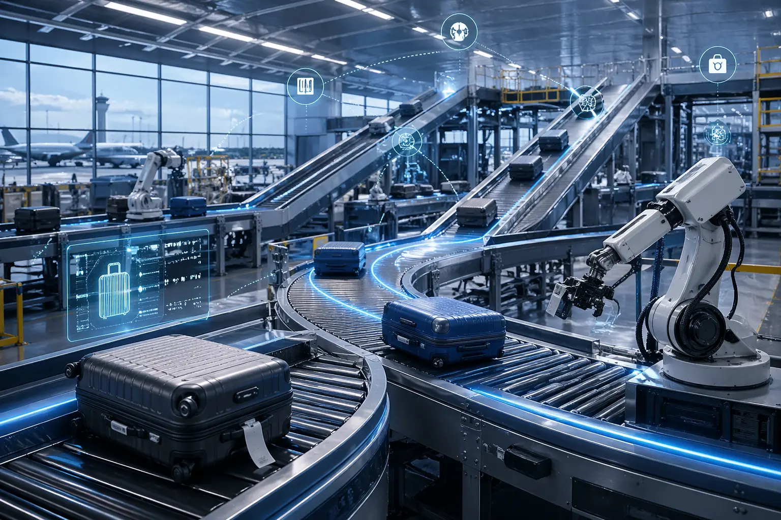 Automated airport baggage handling system with conveyor belts and robotic sorting technology in a modern terminal