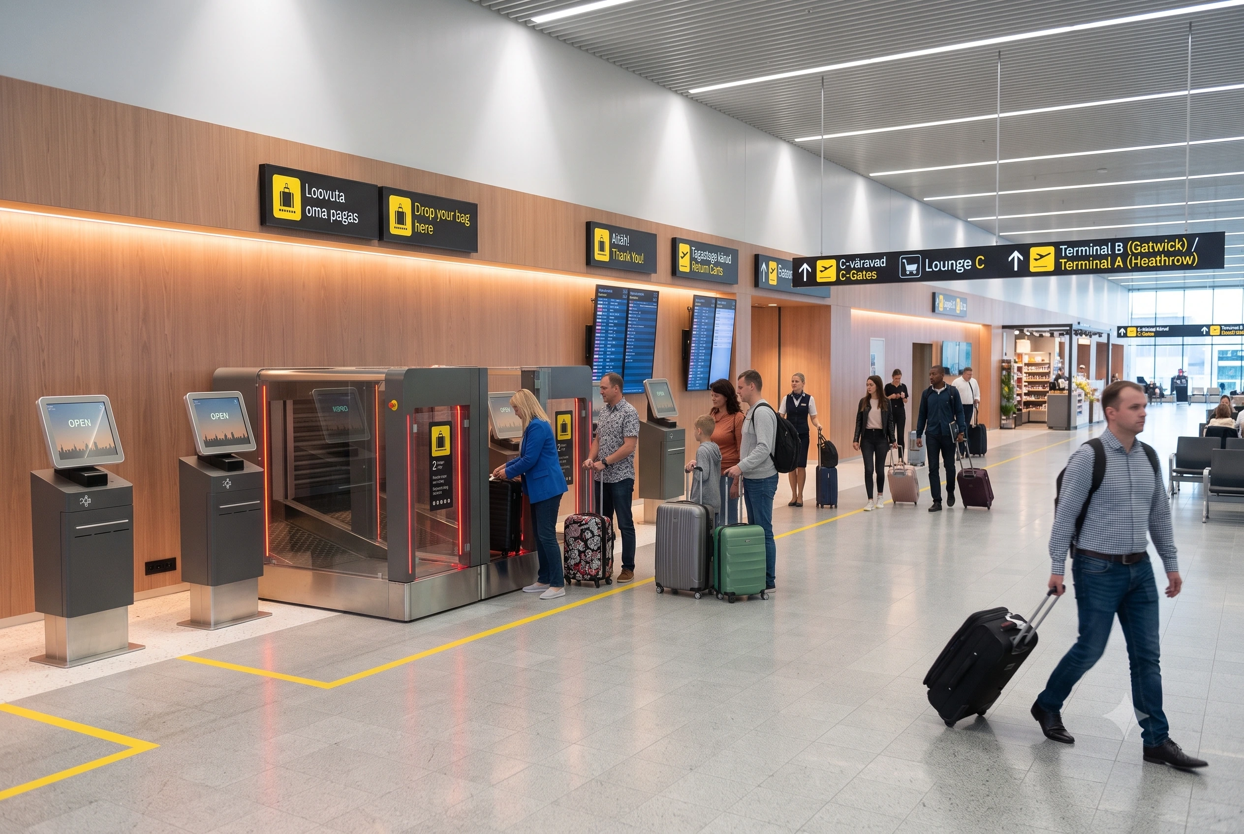 Passengers operating a self-service baggage drop system at an airport