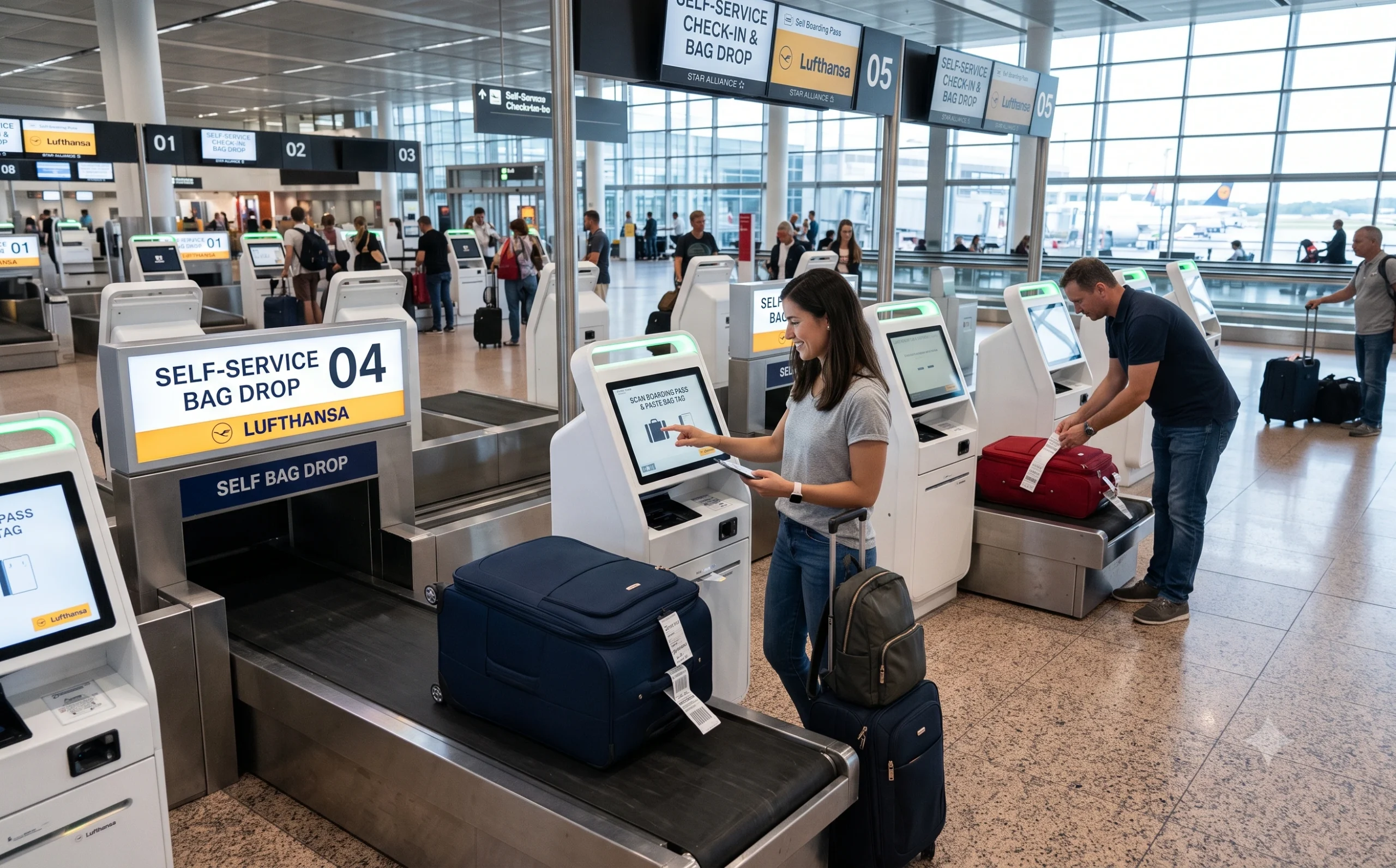 Self-service bag drop system integrated into an airport baggage handling area